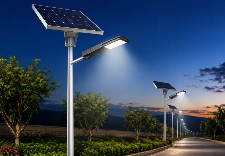 Solar street light at dusk